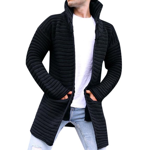 VNKIDY Men's Sweater Coat Autumn Winter Oversized Solid Color Ribbed Knit Cardigan Long Sleeve Open Front Thermal Loose Fit Coat With Kangaroo Pockets For Cold Weather Daily Wear Soft Knitwear
