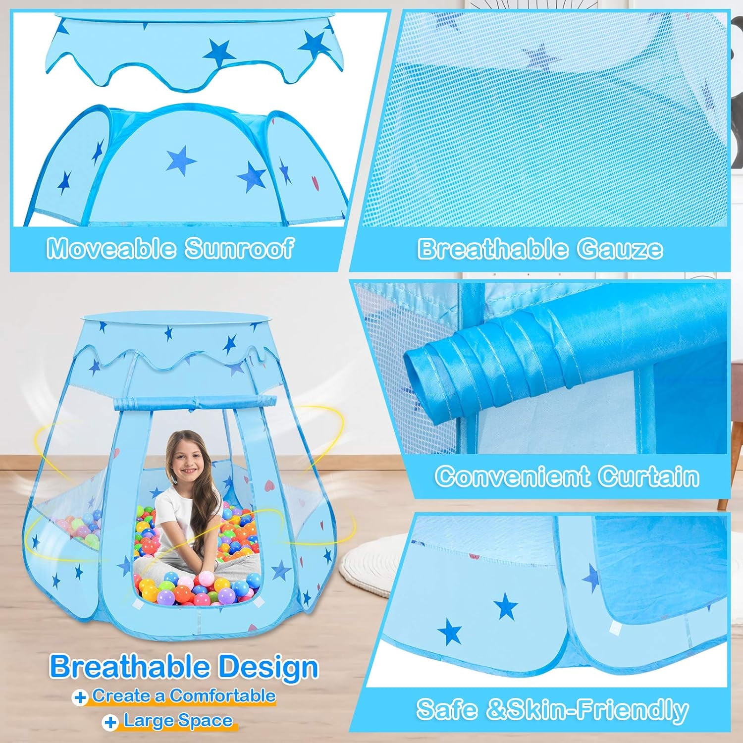 Ucradle Princess Playhouse Tent for Toddlers and Girls, Indoor & Outdoor Pop Up Play Tent for Kids, Foldable Ball Pit with Carrying Bag, Birthday Gifts for 1-3 Years Old Toddlers and Girls, Blue
