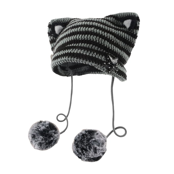 JIKNTTR Cat Ear Beanie Hat With Pom Poms Star Accessories Goth Crochet Knitted Hats Slouchy Skully Caps