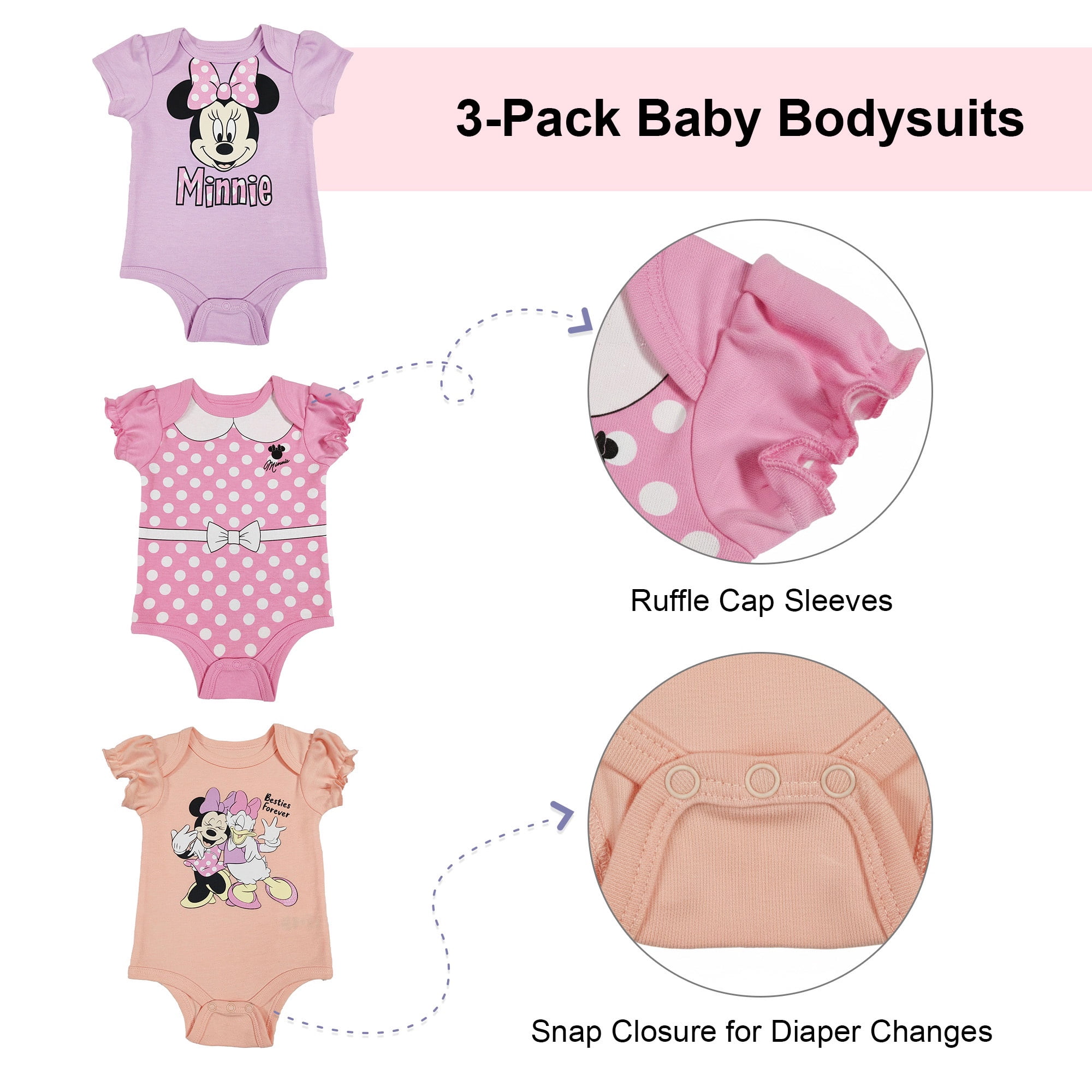 Disney Clothes Baby Girls 3-Pack Bodysuits – Minnie Mouse Short Sleeve Outfit Set (Pink/Purple) – 0/3M