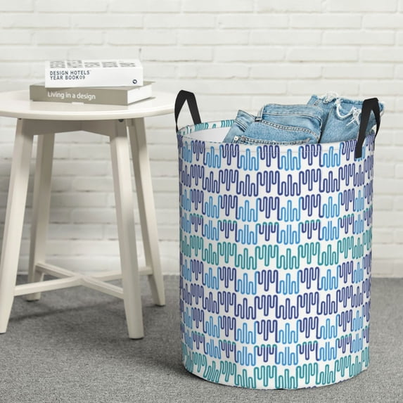 YFYANG Waterproof Laundry Hamper, Blue Wavy Lines Laundry Basket Oxford Fabric with Handle Foldable, S