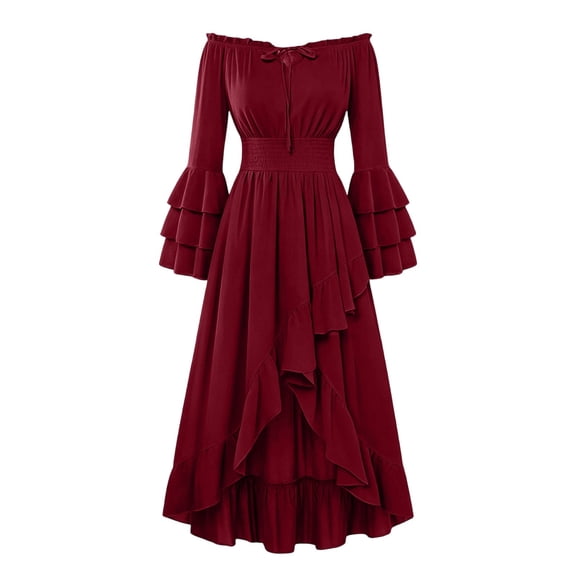 Guieoi Dresses for Women 2026 Fall Waist-Cinched Ruffled Long-Sleeve Maxi Dress with Full Dress Red L