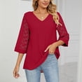 thumbnail image 4 of Birdeem Womens V- Neck Solid Color Three Quarter Sleeve Lace Flare Sleeve Panel Short Sleeve Tops, 4 of 6