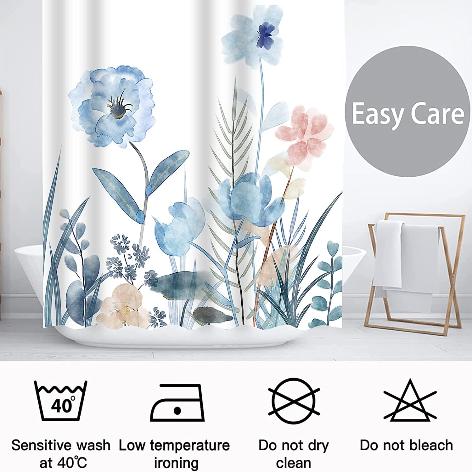 Blue Floral Shower Curtain Sets,White Blush Flowers Bathroom Shower Curtains,Spring Wildflower Plant Bath Curtains with 12 Hooks 72x72in,Waterproof Fabric