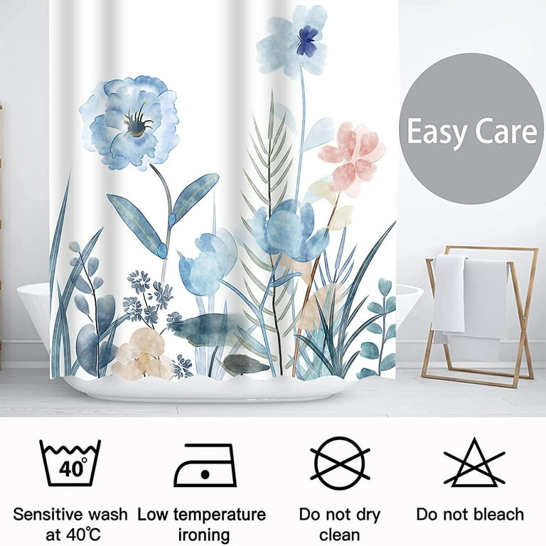 Watercolor Floral Shower Curtain Sets,Blue Blush Flowers Bathroom Shower  Curtains,Spring Wildflower Plant Bath Curtains with 12 Hooks  72x72in,Waterproof Fabric 