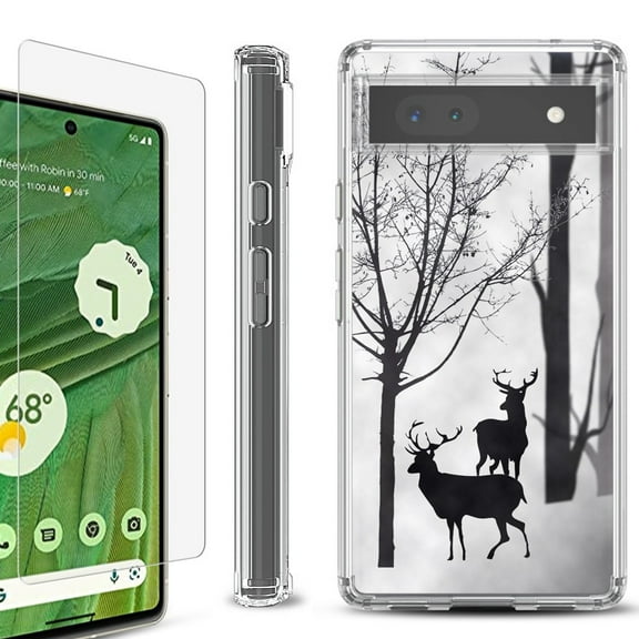 Shockproof Bumper Phone Case for Google Pixel 6a, with Tempered Glass Screen Protector, by OneToughShield ® - Forest Deer