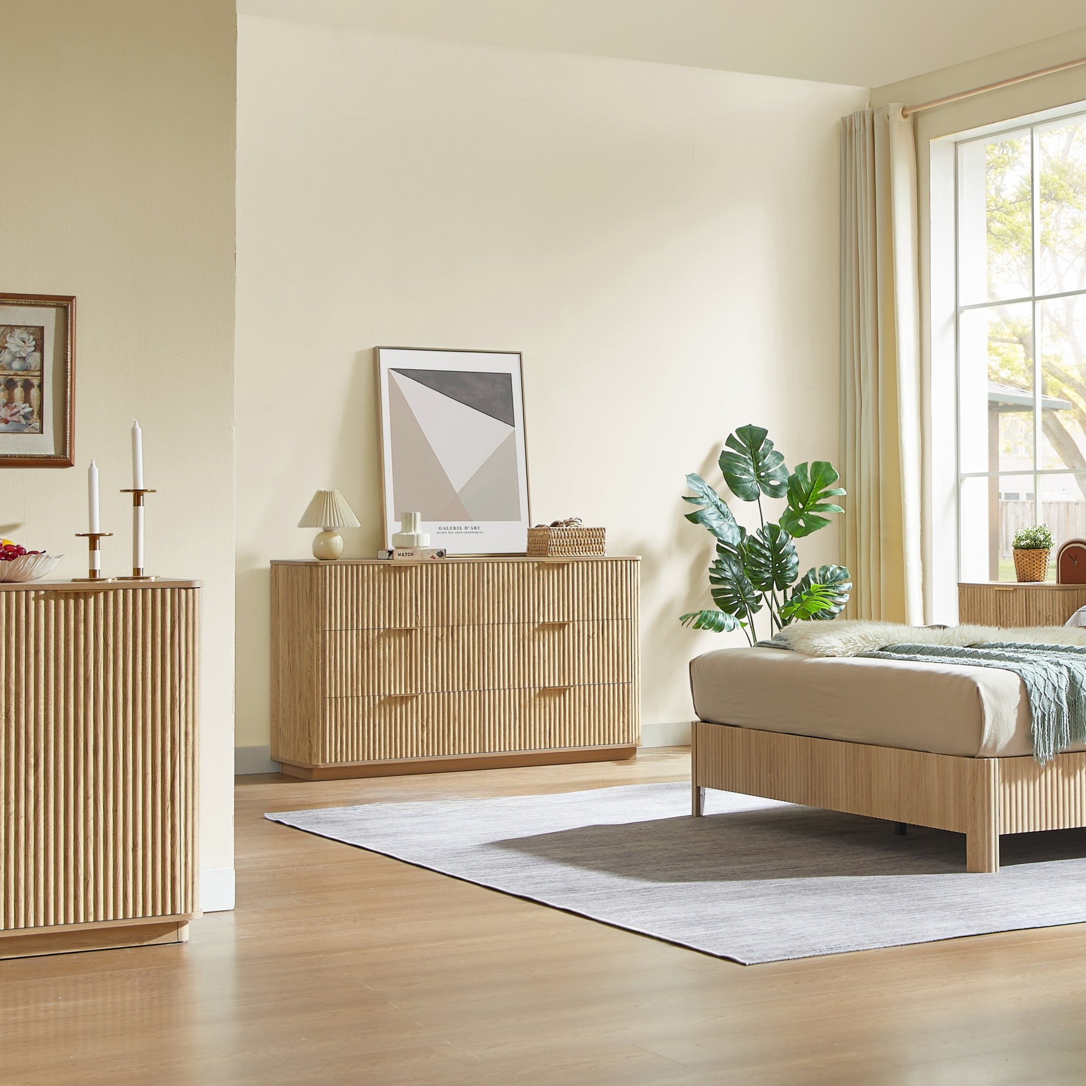 Noble House 28" 3-Drawer Bedroom Dresser, Wide Modern Chest of Drawers with Curved Wave Design, Oak, Set of 2
