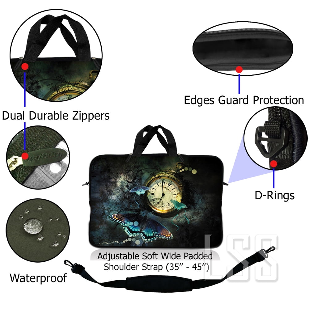 LSS 10-11.6 inch Neoprene Laptop Sleeve Bag Carrying Case with Handle and Adjustable Shoulder Strap - Clock Butterfly Floral
