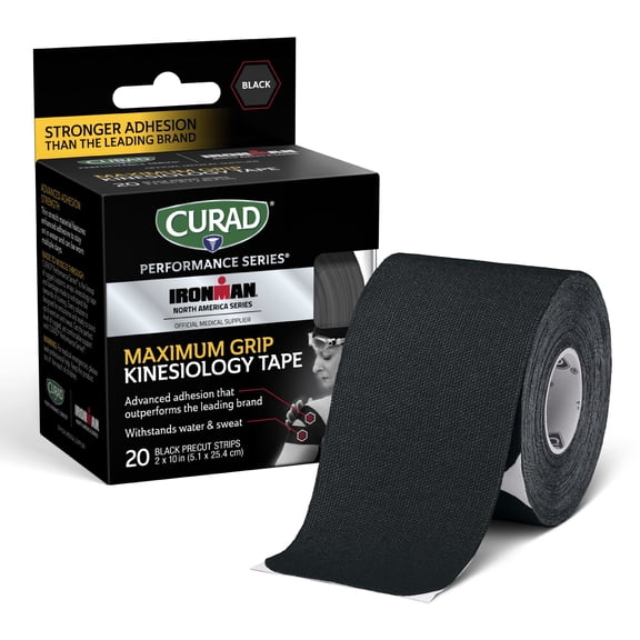 CURAD Performance Series Maximum Grip Kinesiology Tape, Black, 2 x 10 inches, 1 Roll (20 Strips)