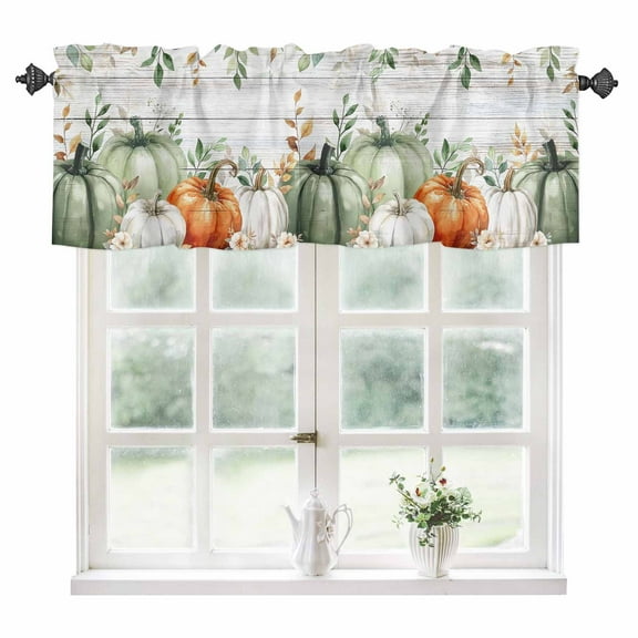 Thanksgiving Fall Kitchen Valances for Windows 42x12 Inch Kitchen Curtains Valances Rod Pocket Autumn Eucalyptus Sage Green Pumpkin Bathroom Window Valances for Window Treatment Decor