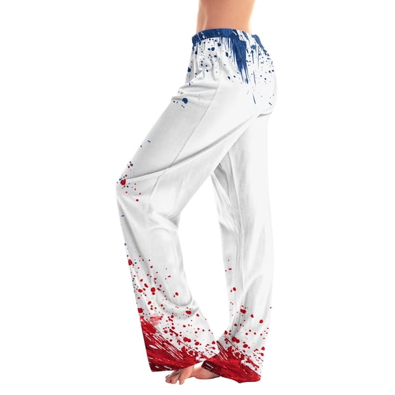 America 250 Pants for Women Independence Day American Flag Print Elastic High Waist Pants Wide Leg Classic Fit Comfy Home Wear Trousers, #01 White, S