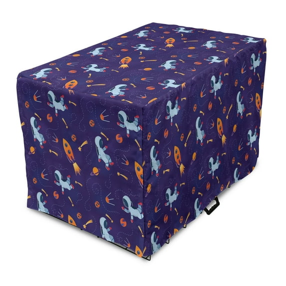 Galaxy Dog Crate Cover, Repetitive Pattern of Cartoonish Astronauts Rockets and Planets Outer Space, Easy to Use Pet Kennel Cover Small Dogs Puppies Kittens, 7 Sizes, Indigo Multicolor, by Ambesonne