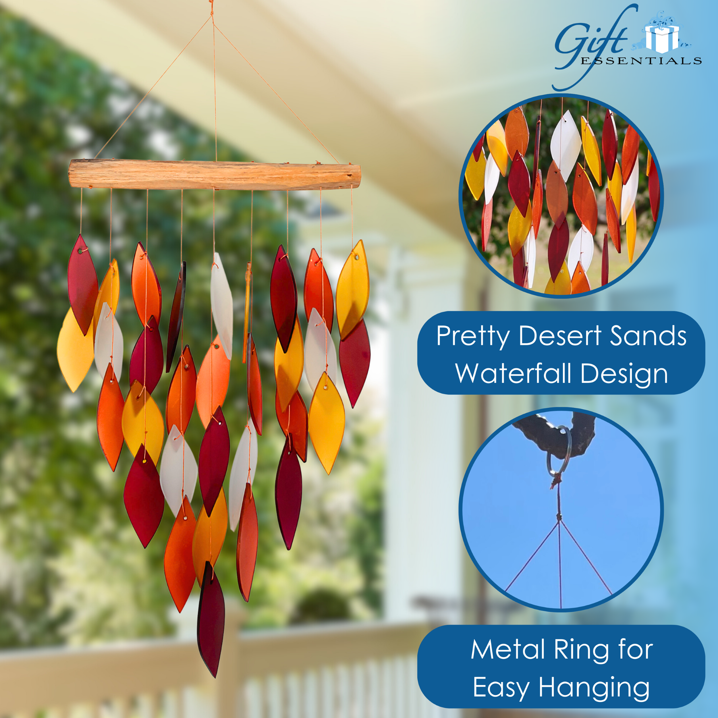 Blue Handworks Desert Sands Waterfall Windchime - Hanging Glass and Driftwood Wind Chimes Garden Décor
