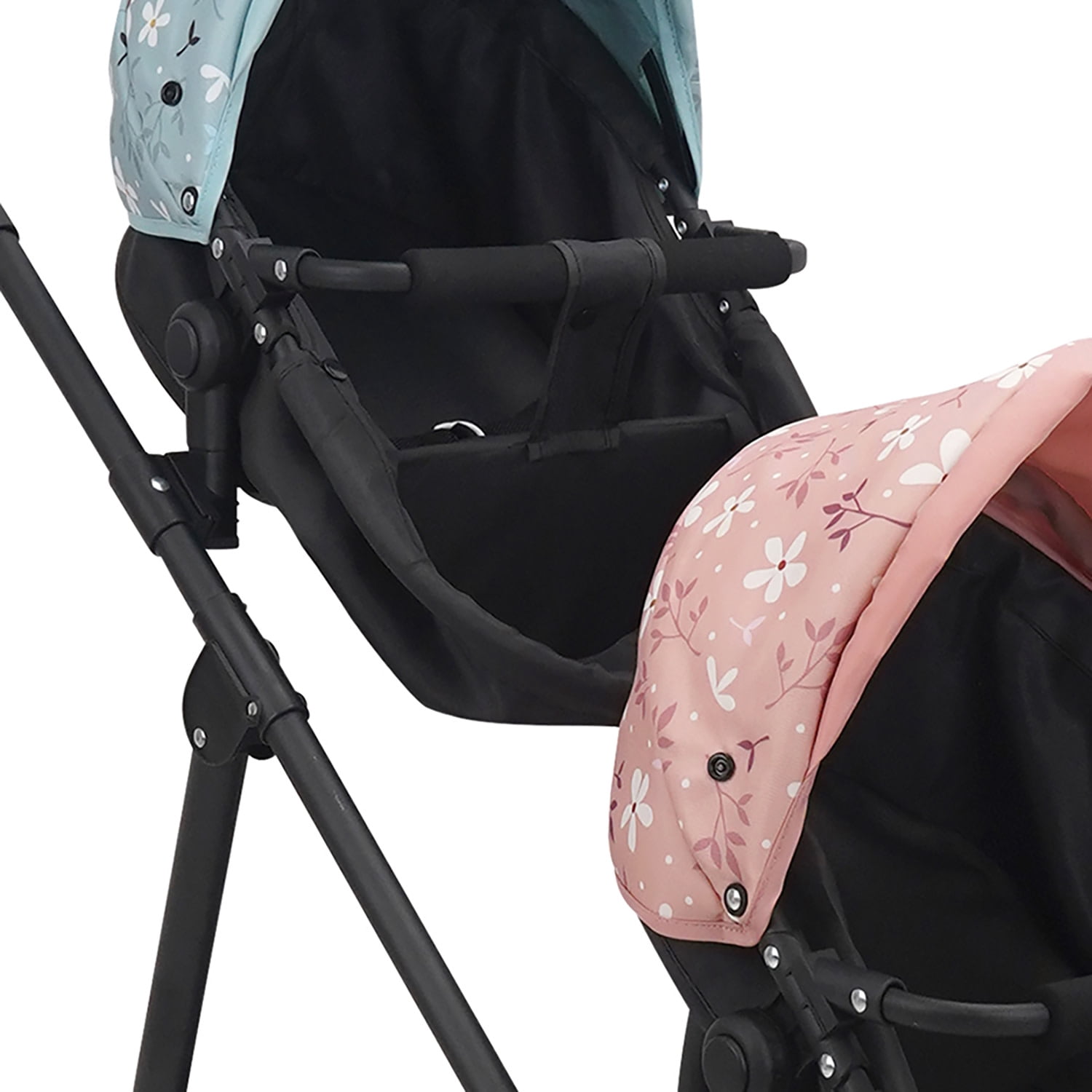 509 Crew: Springtime - Deluxe City Twin Doll Stroller - Black-Pink-Blue-Flowers, Converts To Jogger & Push Pram, Adjustable Doll Accessory Toy, Kid 3+