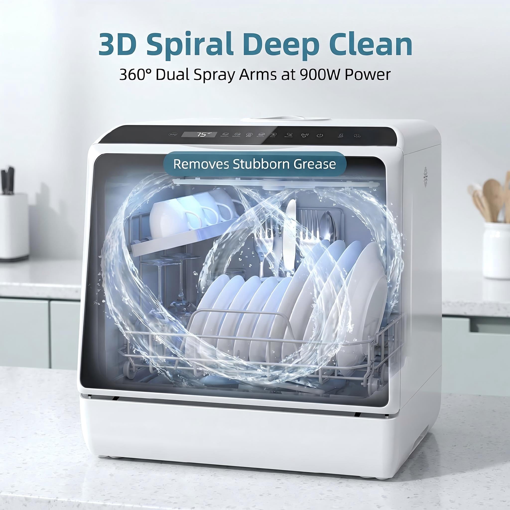 FUNGQI WIFI Smart Portable Countertop Dishwasher with 5L Built-in Water Tank, 4-6 Place Settings Compact Tabletop Washer, 360° Dual Spray, App & Touch Control, 167°F High-Temp Drying