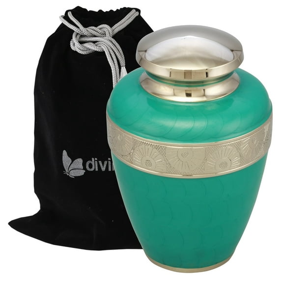 Classic Avalon Cremation Urn with Silver Sunflower Bands - 100% Handcrafted Adult Urn - Solid Metal Large Urn for Human Ashes - Funeral Urn with Free Bag (Teal)