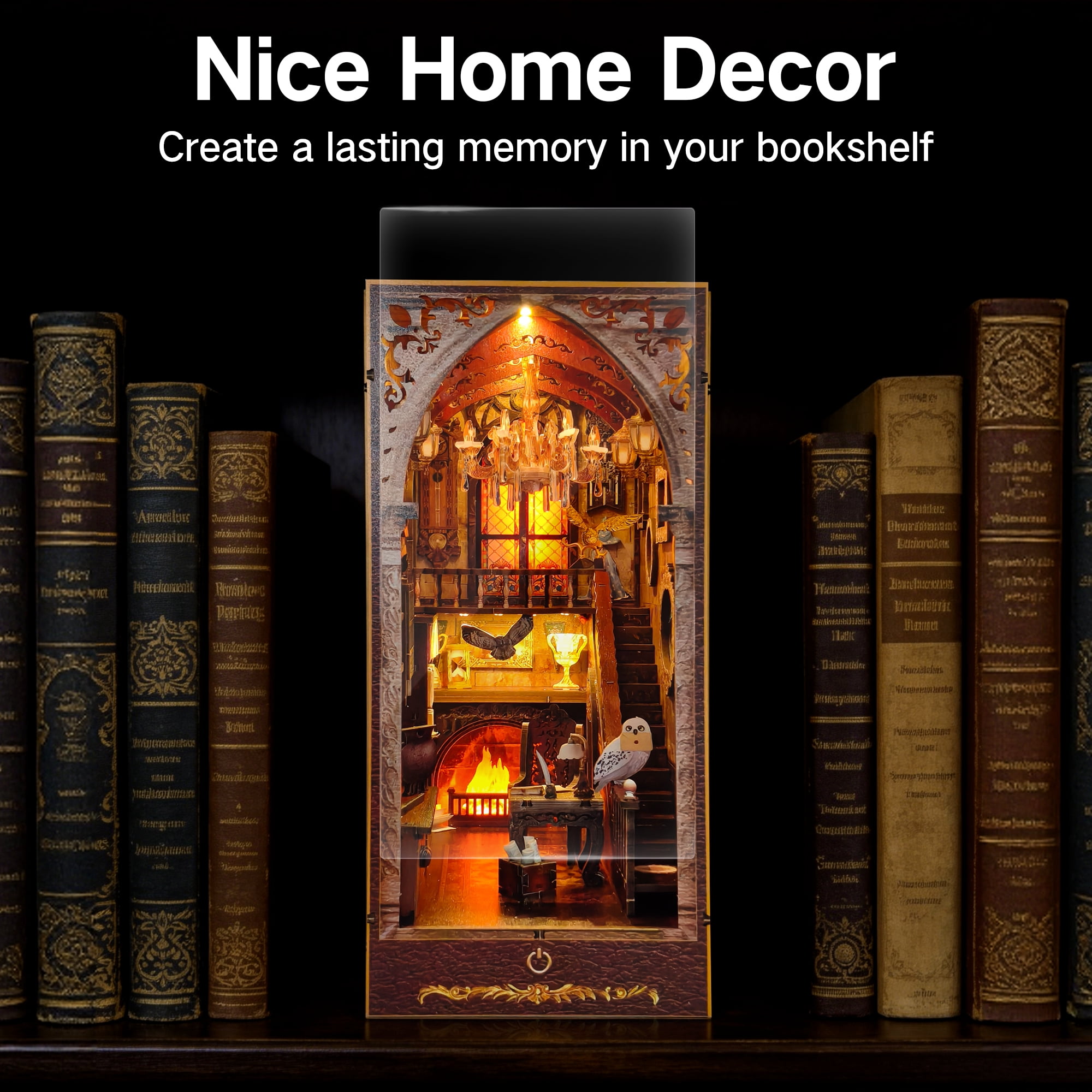 BELEEV Book Nook Kit,DIY Miniature House Kit for Adults,Magic Academy 3D Wooden Puzzle with LED Lights,Miniature House Bookshelf Decor Bookend Gift for Adults Teens - Magic Academy