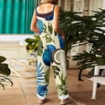 thumbnail image 4 of JULMCOMO Cotton Linen Plus Size Jumpsuits for Women Spaghetti Strap Hawaiian Floral Print Summer Outfits Sleeveless Casual Rompers Blue S, 4 of 6