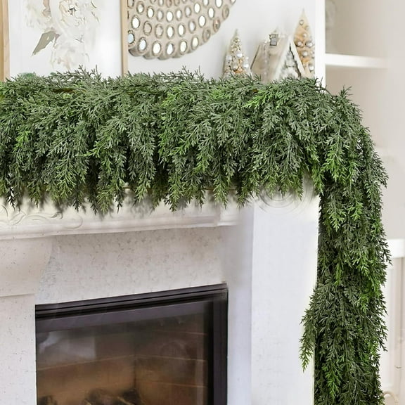Guvpev 9FT Christmas Garland with 240 Cedar Branches, Real Touch Soft & Thickness Winter Cedar Garland for Christmas Decorations, Greenery Garland for Table, Mantel, Wall, Indoor Outdoor Xmas Decor