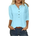 thumbnail image 2 of Baikeli Prime Clearance Items Today only Workout Tops for Women 2024 Summer 3/4 Length Sleeve Shirts V-Neck Button Blouses Solid Color T-Shirts Relaxed Fit Tee Ladies Tops And Blouses 3/4 Sleeve, 2 of 5