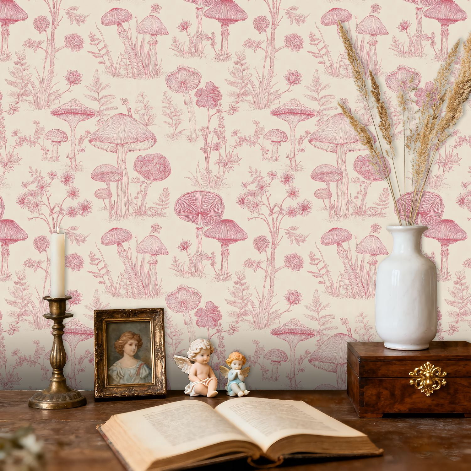 Boho Peel and Stick Wallpaper Detailed Botanical Mushroom Soft Pink Hues Wall Mural 23.6in x 9.8ft Self Adhesive Removable Wall Paper Renter Friendly Wallpaper for Bedroom Kitchen Farm