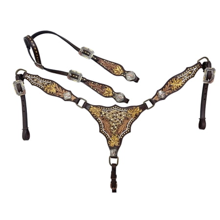 MOUSM One Ear Headstall & Breast Collar Set - Hand Carved Golden Oak Leaf Overlay - Argentina Cow Leather Horse Tack