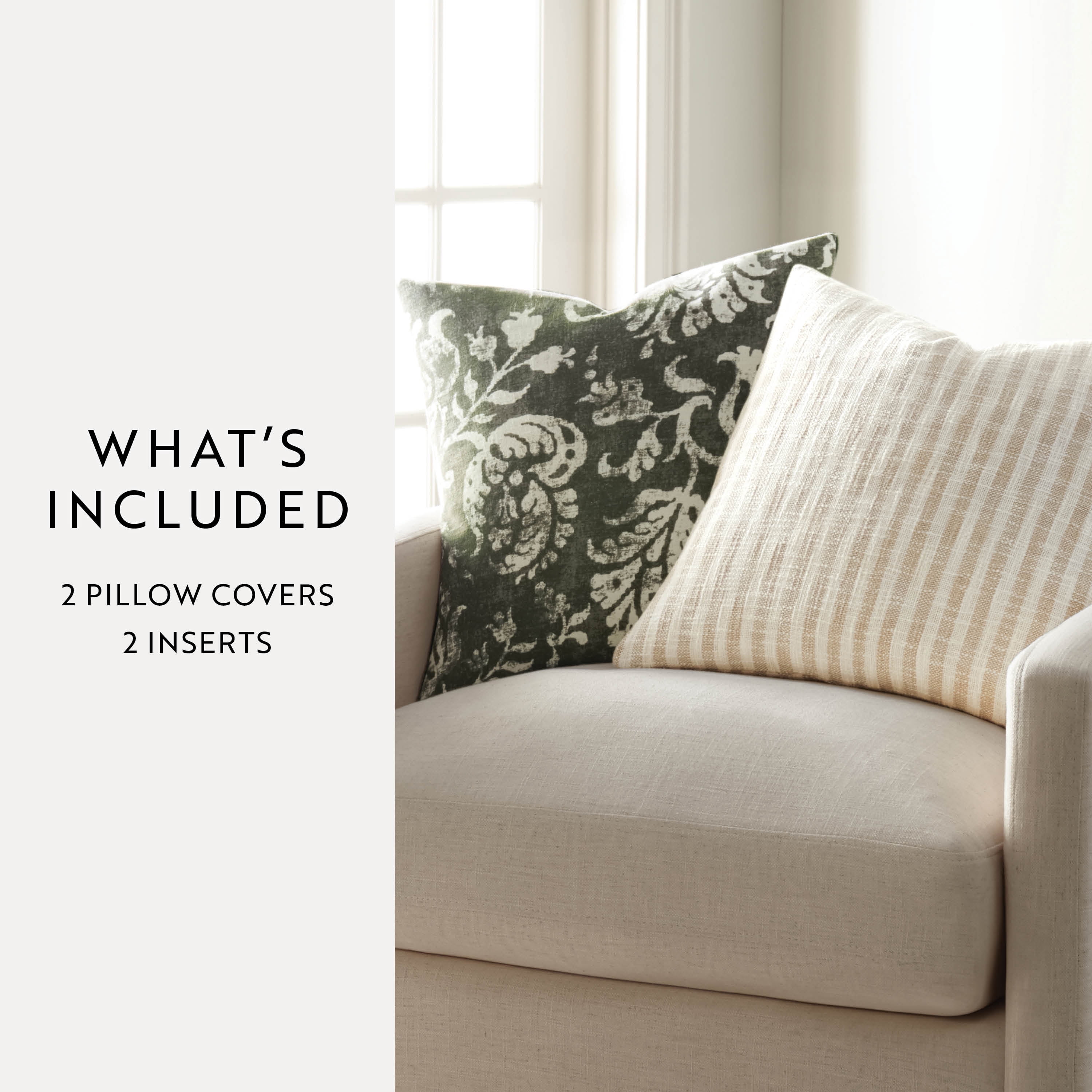 Noble Linens 2-Pack Decor Throw Pillows Floral Olive and Yarn-Dyed Bengal Stripe