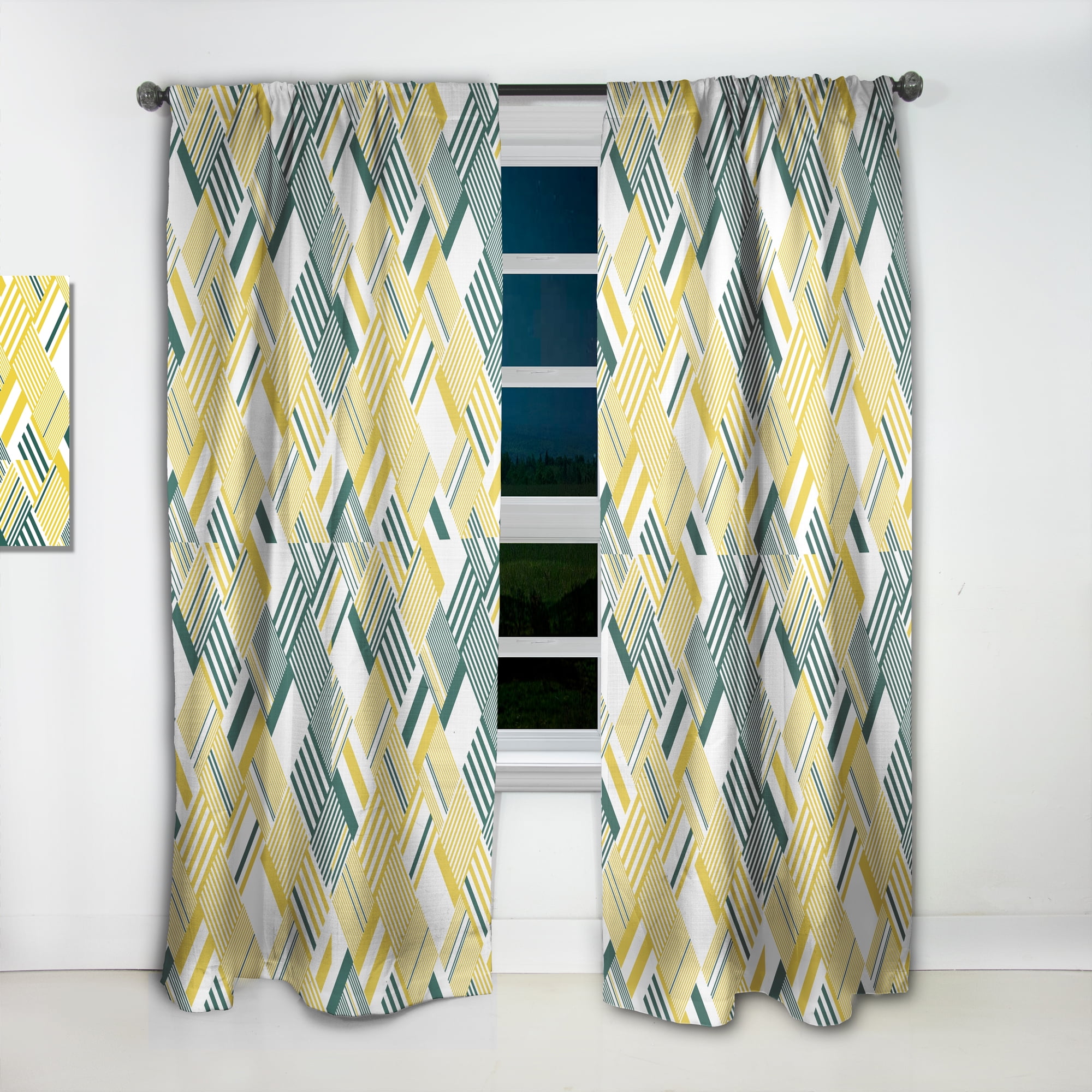 Designart 'Abstract Yellow and Green Diagonal Stripe Pattern' Mid-Century Modern Curtain Panel