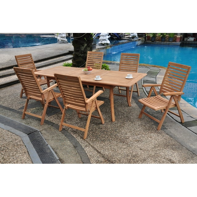 Teak Dining Set:6 Seater 7 Pc - 94" Rectangle Table And 6 Ashley Reclining Arm Chairs Outdoor Patio Grade-A Teak Wood WholesaleTeak #WMDSASa