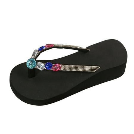 

Ladies Fashion Summer Rhinestone Decorative Clip Toe Sloping Heel Thick Sole Beach Slippers