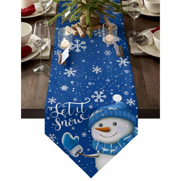 Table Runner Dresser Scarves Winter Christmas Cute Snowman Cotton Linen Burlap Table Cover Snowflake Texture on Blue Table Runners for Family Kitchen Dining Holiday Party Banquet Decor