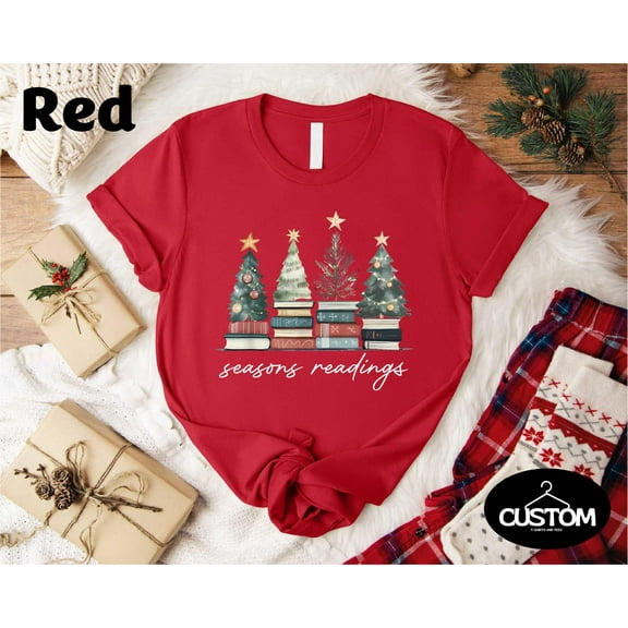 Seasons Readings Graphic T-Shirt | Cute Book Christmas Tree Tee for Readers and Holiday Lovers