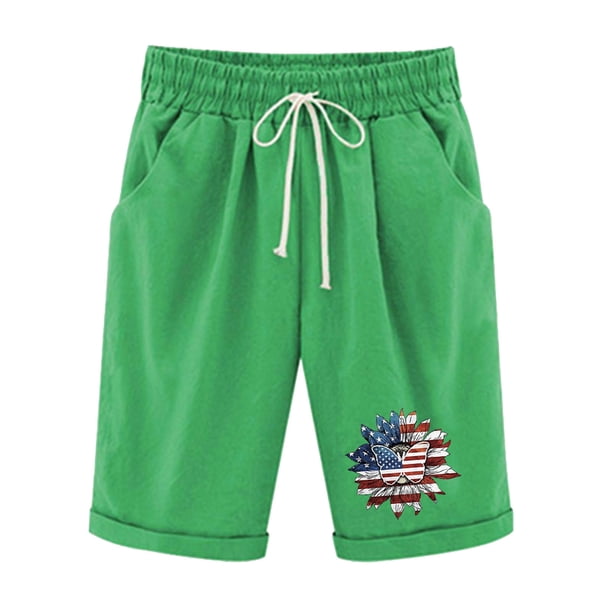 Pantalones Cortos Casuales para Mujer Día de la Independencia Impreso Elástico de la Cintura, Pantalones Cortos de Verano para Mujeres