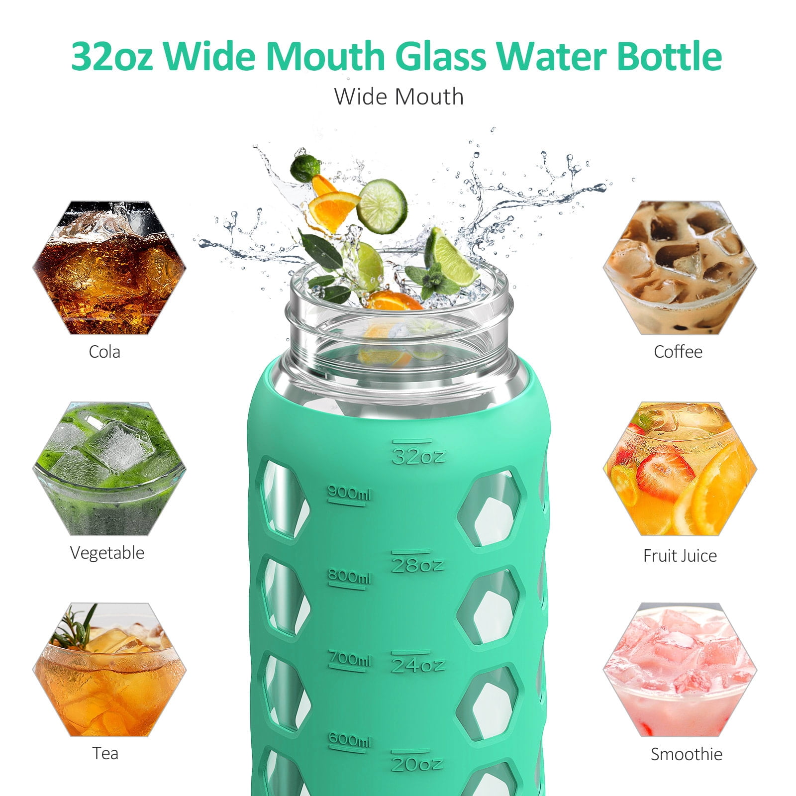 MUKOKO 32oz Glass Water Bottles, Motivational Water Tumbler with 2 Lids-Handle Spout Lid&Bamboo Straw Lid, Time Marker Reminder and Silicone Sleeve, Green