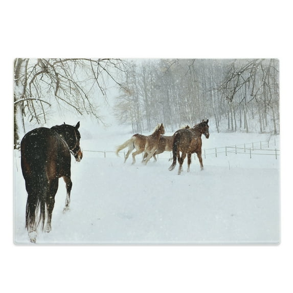 Winter Cutting Board, Horses in the Snow Playing Having Fun in the Forest Seasonal Animal Photography, Decorative Tempered Glass Cutting and Serving Board, Large Size, Brown White, by Ambesonne