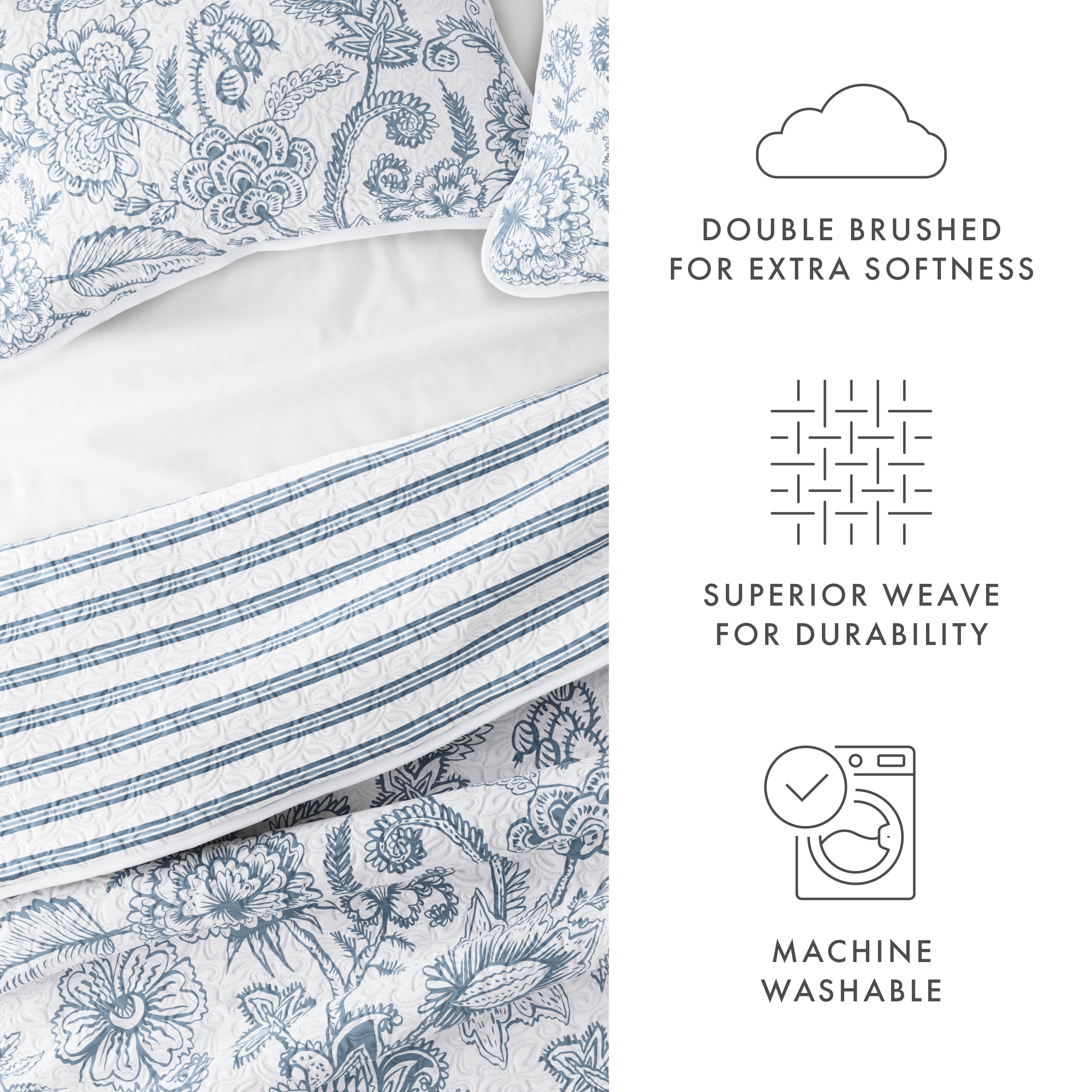 Noble Linens Dusk Blue 3 Piece Jacobean/Stripe Reversible Microfiber Quilt Set, Queen / Full