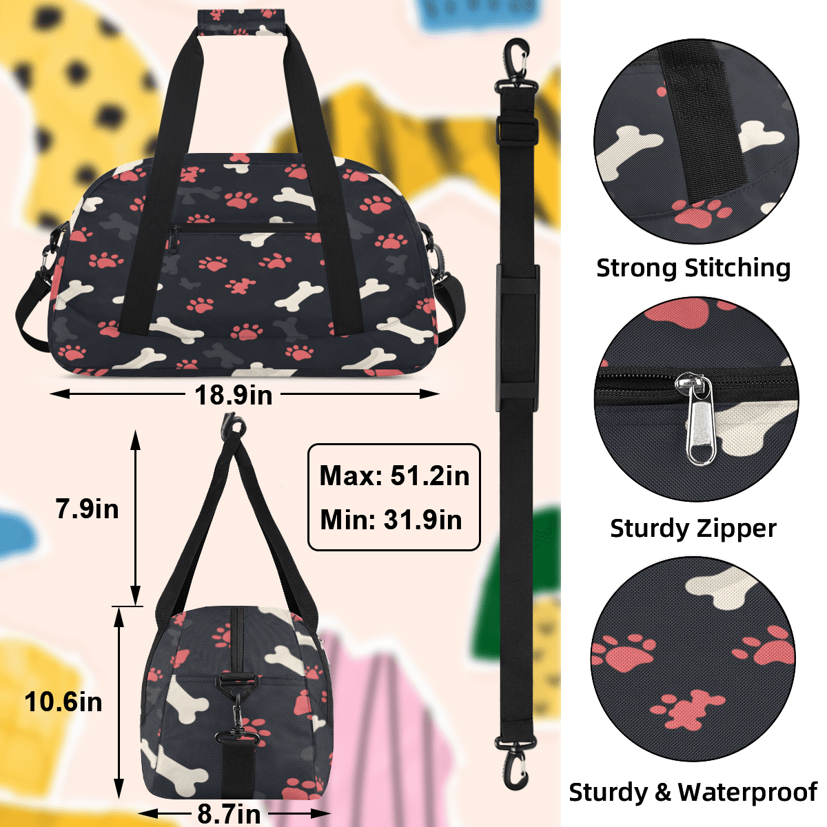 Herdesigns Paw Print Dog Sports Duffle Bag for Women & Men, Gym Bag Dance Bag Overnight Bag Carry On Weekender Travel Bag