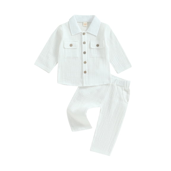 BemeyourBBs Toddler Baby Boy Spring Summer Fall Clothes Infant Baby Boys Cotton Linen Outfits Lapel Long Sleeve Button Down Shirt and Wide Legs Pockets Pants Set