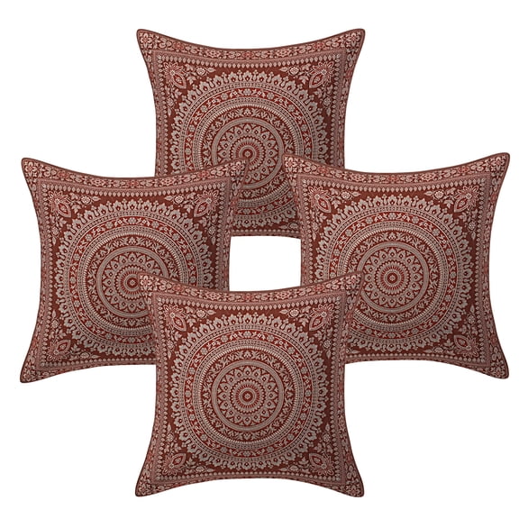 DK Homewares Indian Throw Cushion Covers 16 Inch Brocade Jacquard Weave Ethnic Square Mandala Cushion Covers (Size - 40x40 cm ; Color: Coffee Brown & Gold ) - Set of 4 Pcs (Cover Only)