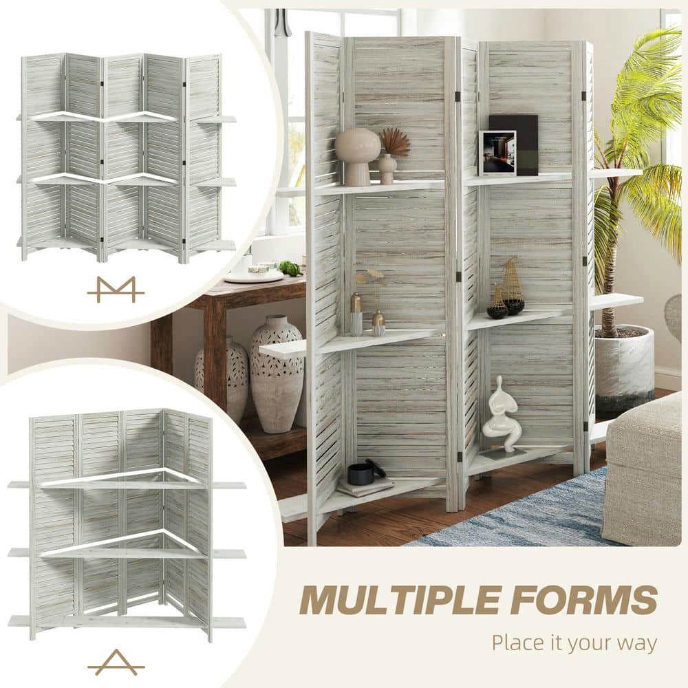 Spaco 5 Panel 67" Tall Wood Privacy Screen, Room Divider with 3 Shelves and Folding Storage for Indoor as Living Room, Entryway, White