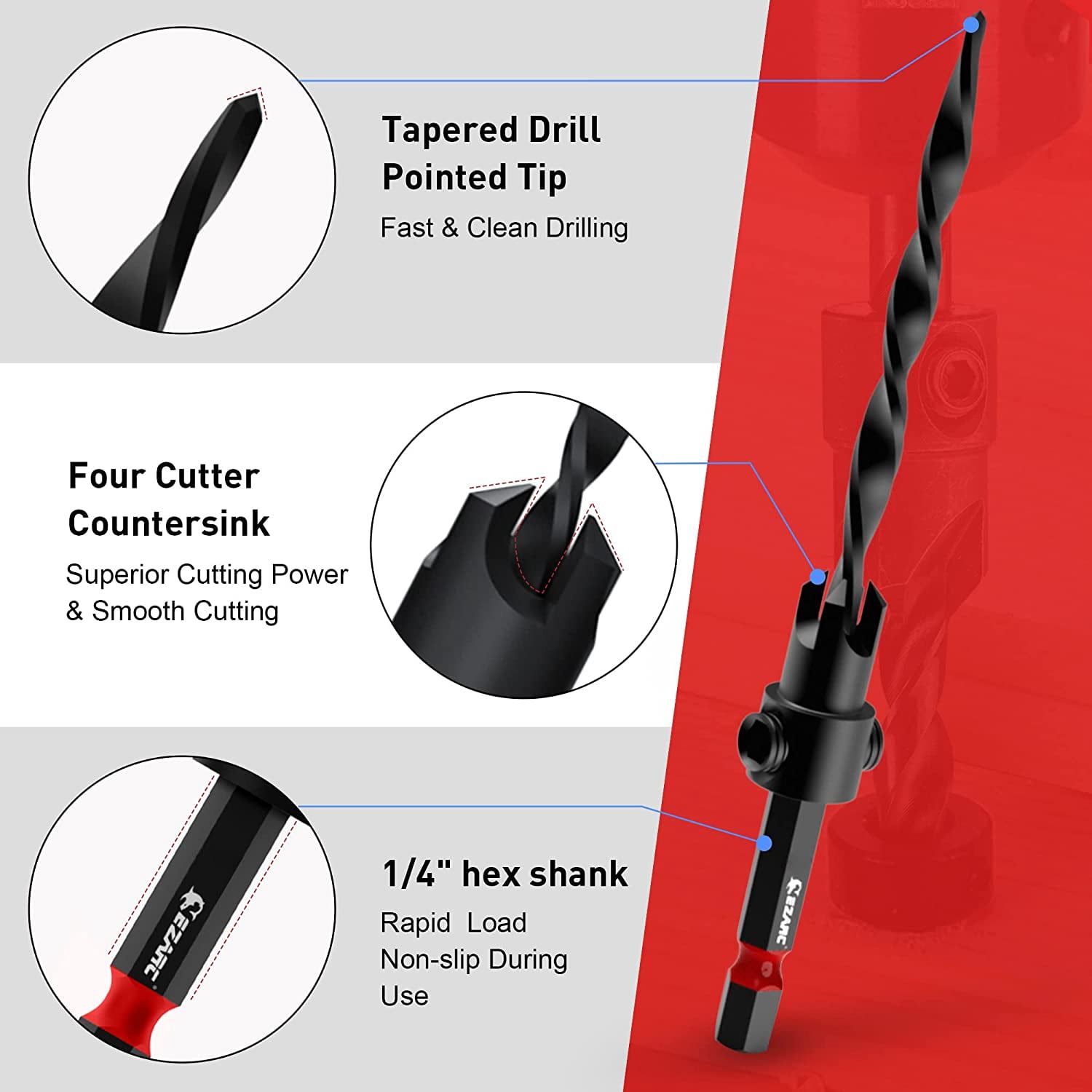 EZARC Wood Countersink Drill Bit Set, 4, 6, 8, 10, 12 Tapered Drill Bits, with 1/4" Hex Shank, Counter Sinker Set for Woodworking and Carpentry
