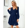 thumbnail image 3 of Womens Skater Dresses Sexy V Neck Short Sleeve Tie Waist Solid Ruffle Boho Flowy Swing Mini Dress, 3 of 5