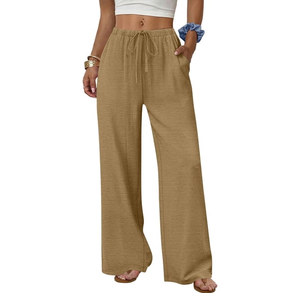 Khaki Wide Leg Pants for Women Flowy Palazzo Drawstring Elastic Waist Trousers with Pockets Summer Cruise Beach Vacation Clothes, 30" Inseam, S