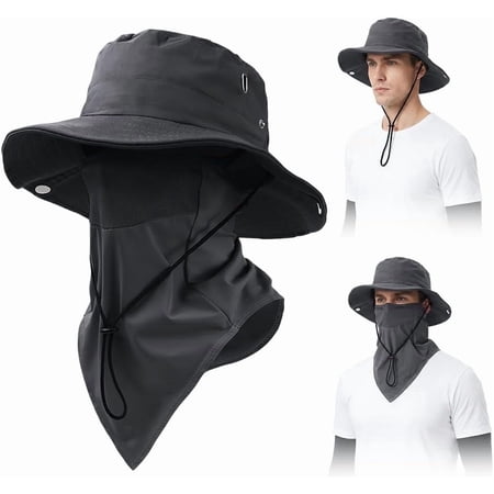 Breathable Fisherman Hat with Detachable Face Mask Sun Hat Neck Flap Wide Brim Bucket Hat for Men Fishing Hiking