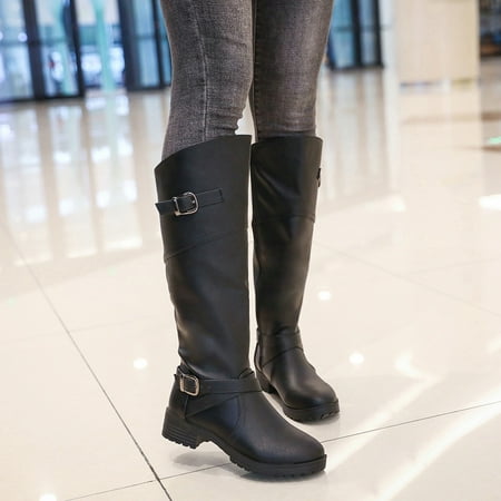 

Medcursor Women Leather Boots High Heel Mid-heel Retro Buckle Rider Boots Long Boots Shoes