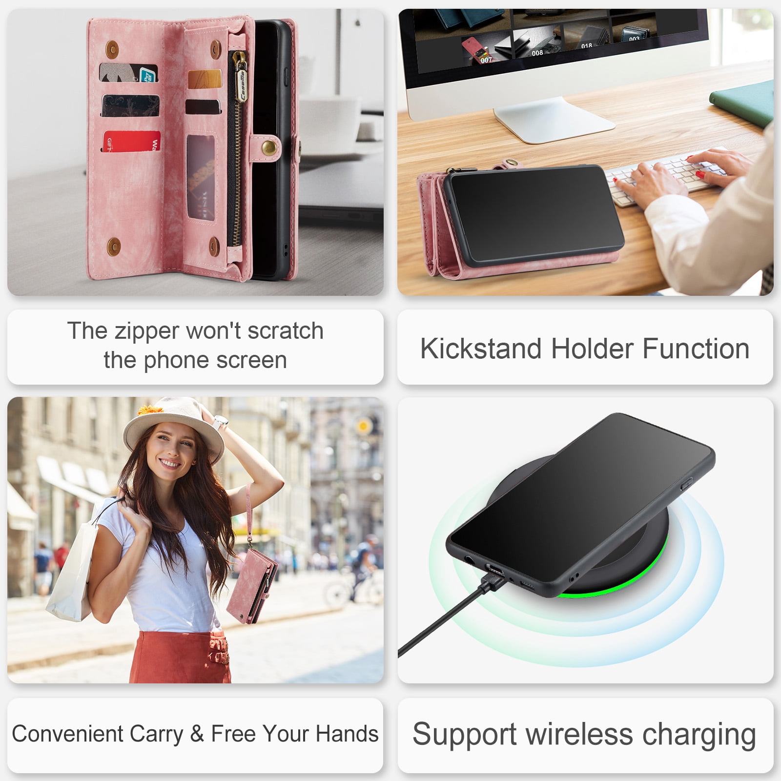 For Samsung Galaxy S10 Wallet Case,Multi-Functional Retro Leather Purse Flip Cover Zipper Wallet Case with Removable Card Slots Pocket & Detachable Wrist Strap Magnetic Phone Case, Pink