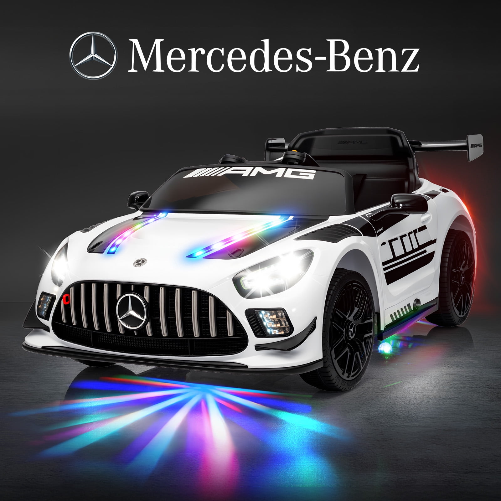 MUKIDY 12V Licensed Mercedes-Benz AMG GT3 Electric Ride on Car Toy for Toddler Kid w/ Remote Control, LED Lights, MP3 Player, White