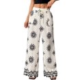 thumbnail image 2 of Women Lazy Style Printed Wide Leg Pants Elastic High Waist Side Pockets Loose Fit Casual Trousers Cream White S, 2 of 9