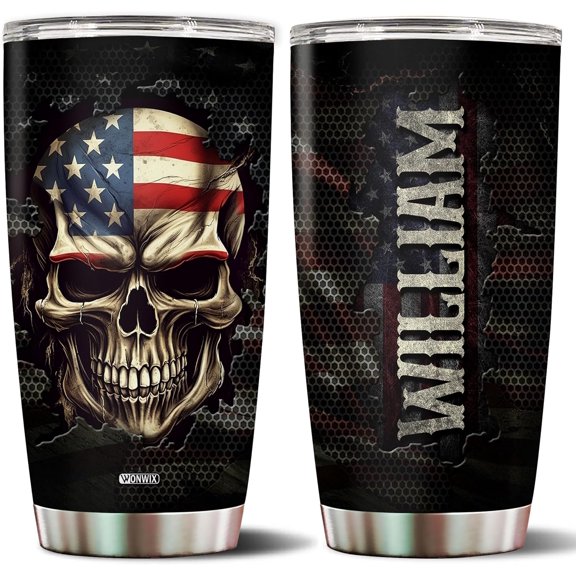 Personalized American Flag Skull Tumbler Gifts for Men Travel Cup Coffee Mug Insulated Stainless Steel 20oz With Lid Water Bottle Gift for Dad Him Husband Son