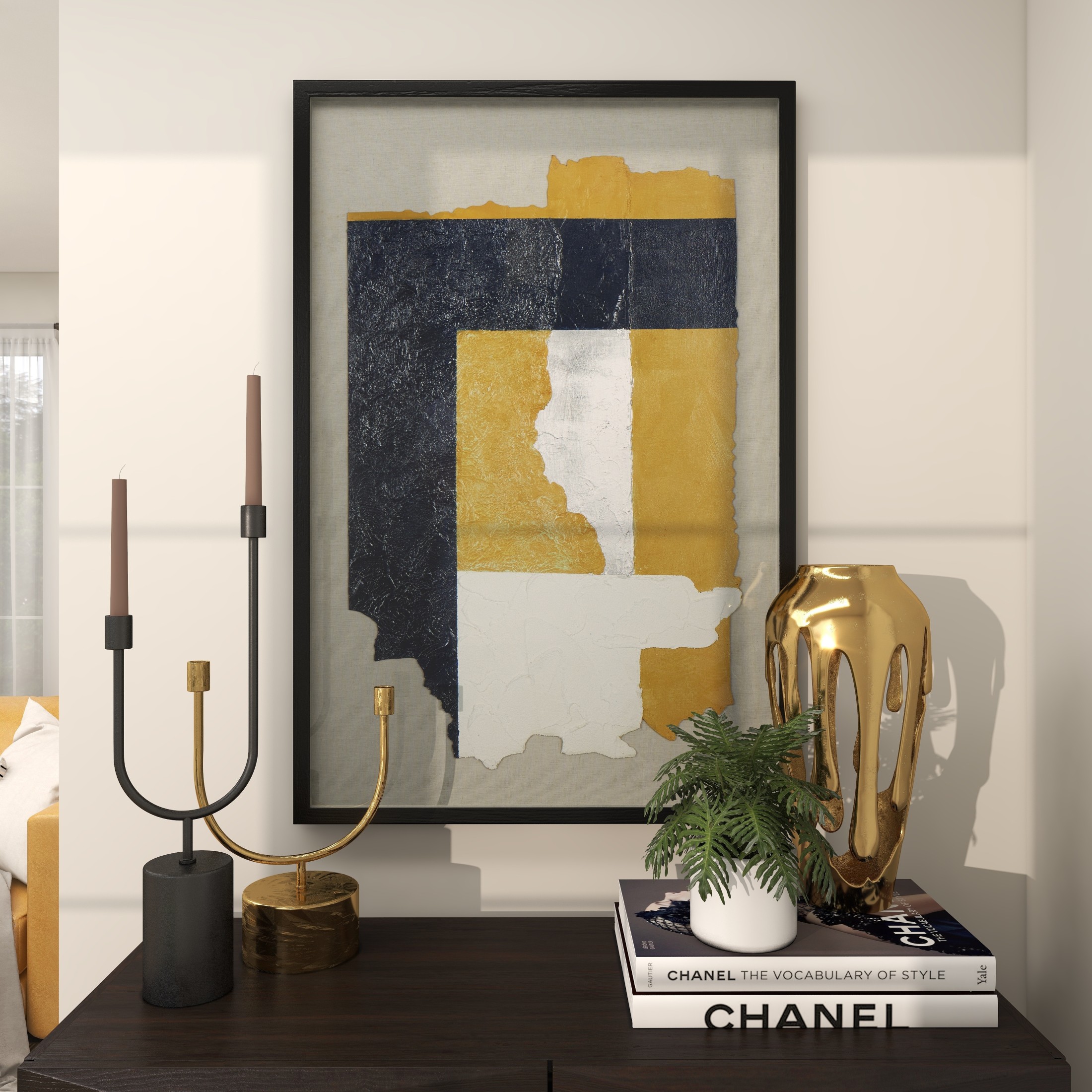 24" x 36" Layered 3D Textured Abstract Framed Wall Art with Gray Backing and Navy Blue Accent, by DecMode